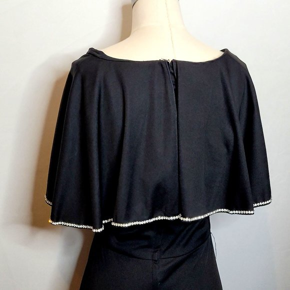 Retro 70s 80s Capelet Evening Gown Formal Black Rhinestone Trim Strait Lane Sm - Picture 6 of 10